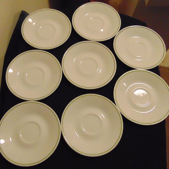 Vintage Corelle Wildflower Saucers, Set of 8, White with Green Stripe on Edge - Picture 1 of 4